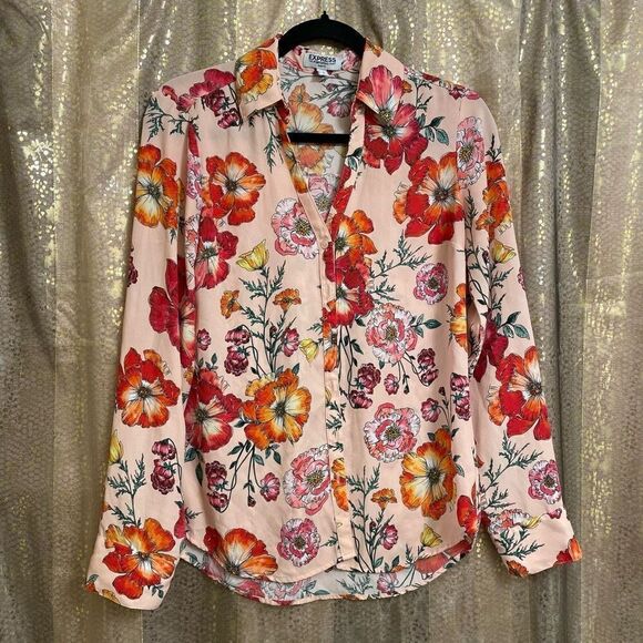 Express Peach Floral Poppy Slim Fit Button Down Portofino Blouse, Small - Picture 1 of 5